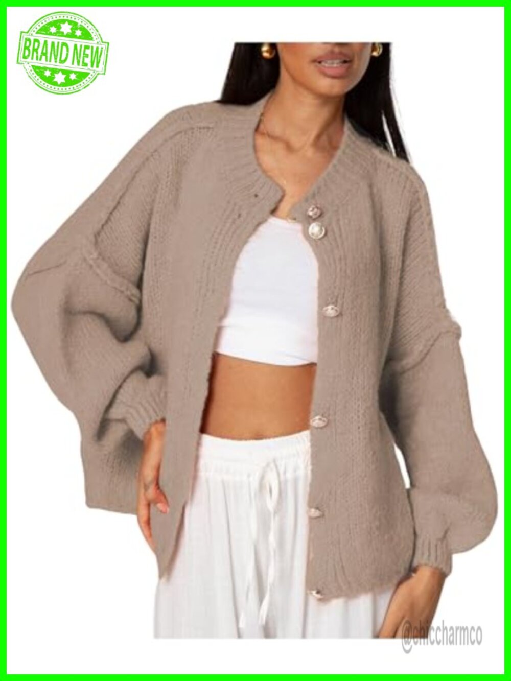 Oversized Button Up Chunky Knit Cardigan Sweater Lantern Sleeve
